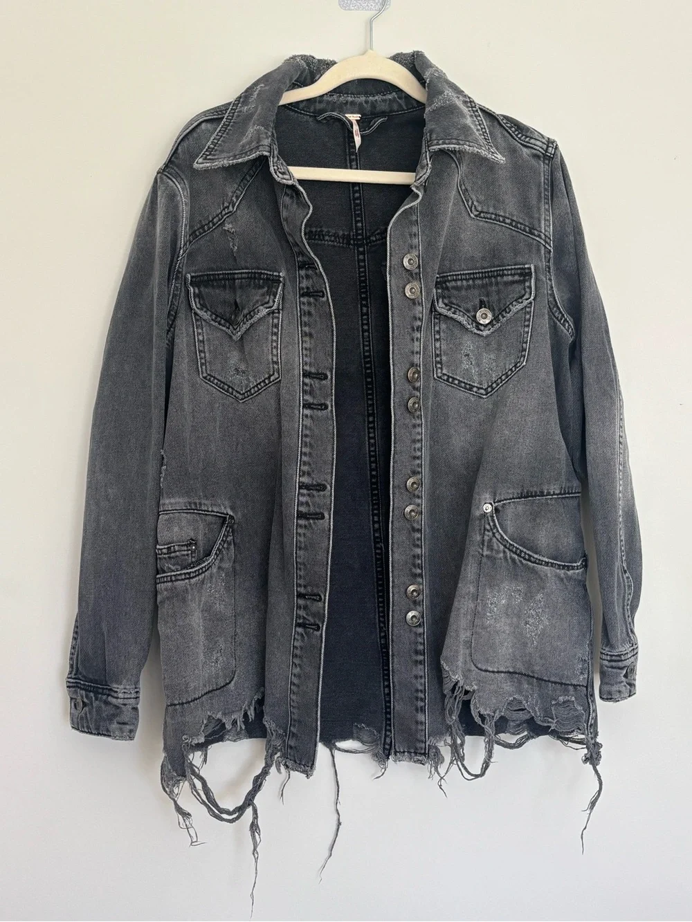 Free People Moonchild Distressed Black Denim Shacket Jacket Oversized XS